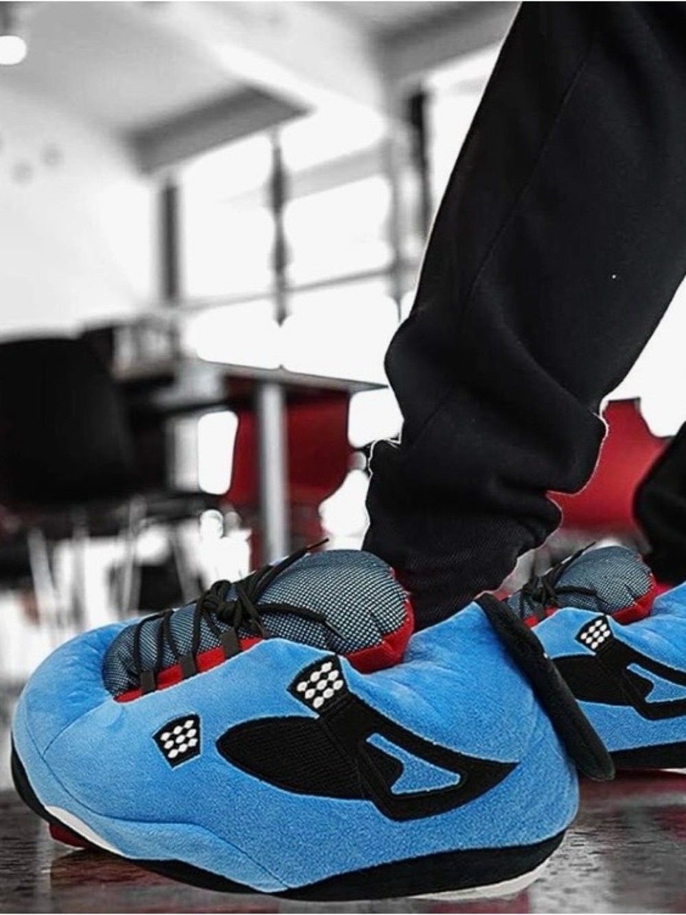 Men's Plush Blue Novelty Sneaker Shoe Slippers - Cozy Indoor Footwear Soleslip